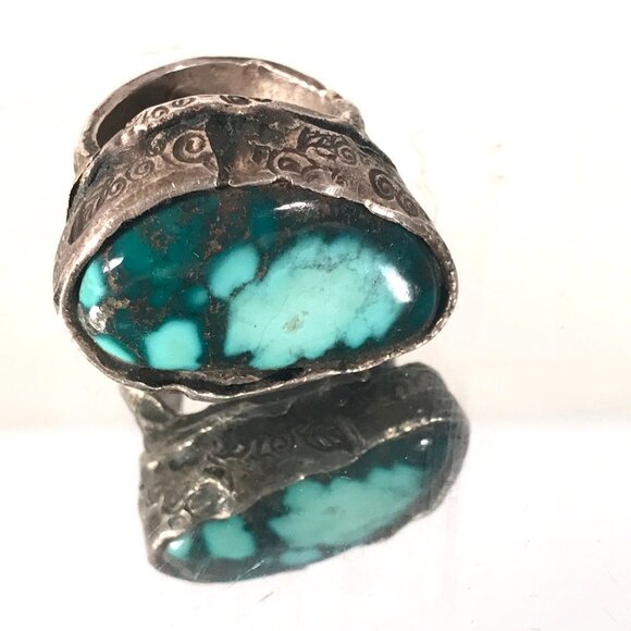 Huge Turquoise Gemstone Sterling Silver Handmade Size 8 Ring Hammered Chunky 925 - Picture 4 of 11